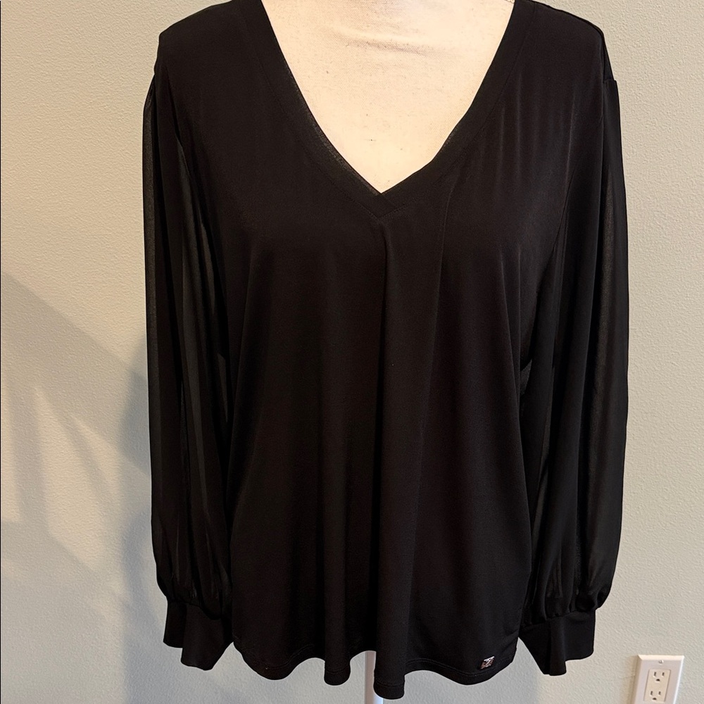 CALVIN KLEIN Size XL  Black V-Neck Women's Top fully lined sheer sleeves